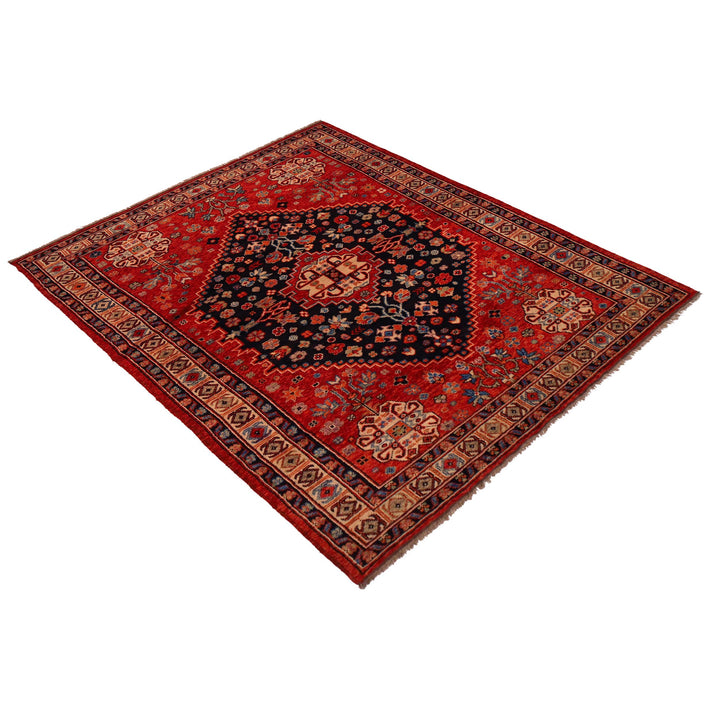 Red Afghan Shirazi Rug 6'7" x 9'8" Hand-Knotted close-up