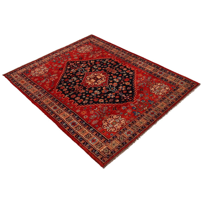 Red Afghan Shirazi Rug 6'7" x 9'8" Hand-Knotted close-up