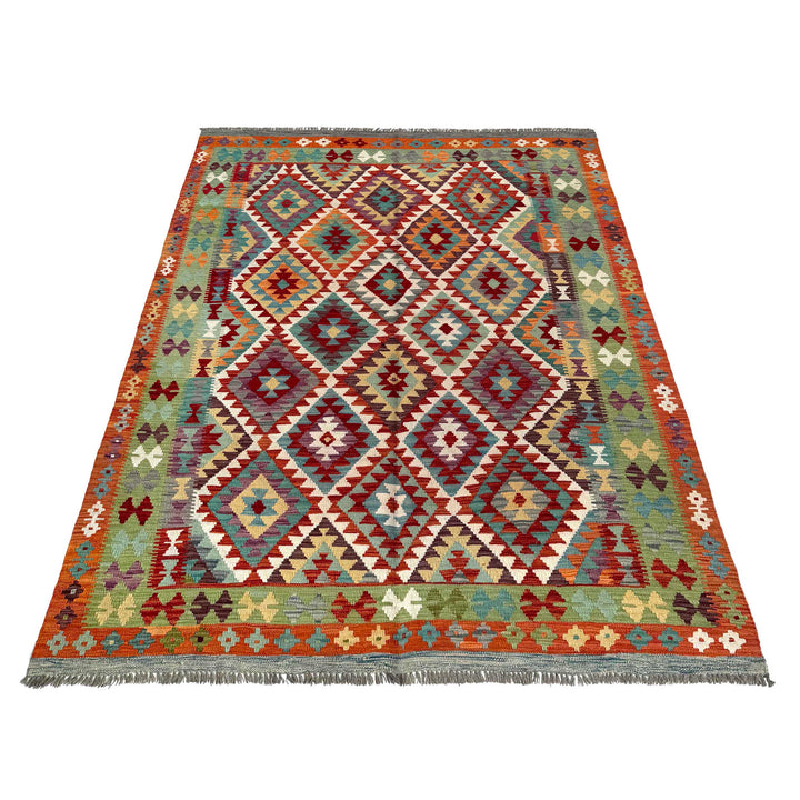 Afghan Vegetable Kilim Rug 6' 8" x 9' 3" Flat-Weave detail