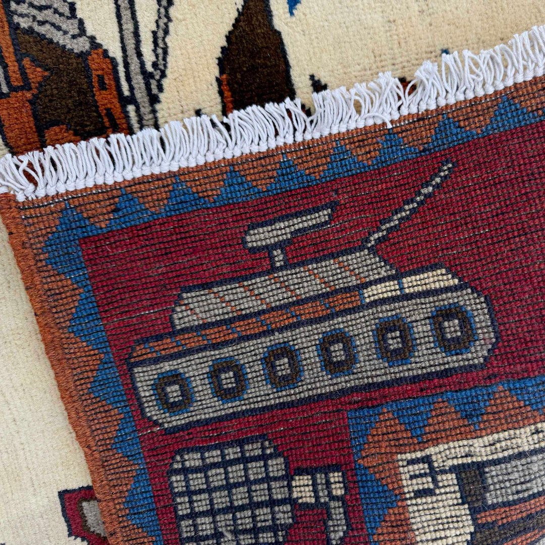 Beige Afghan War Carpet Rug 4' 1" x 5' 9" Hand-Knotted border