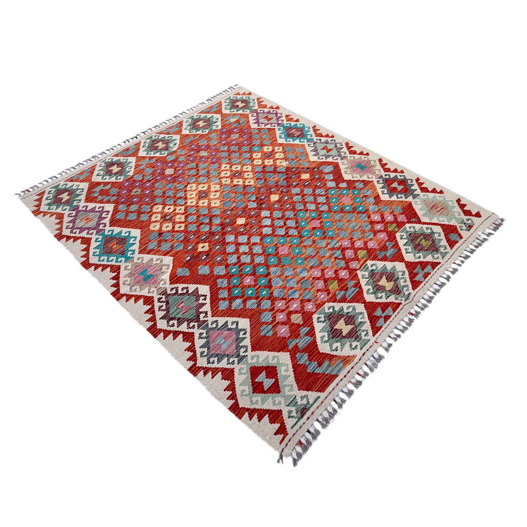 Afghan Vegetable Kilim Rug 5' 1" x 6' 7" Flat-Weave close-up