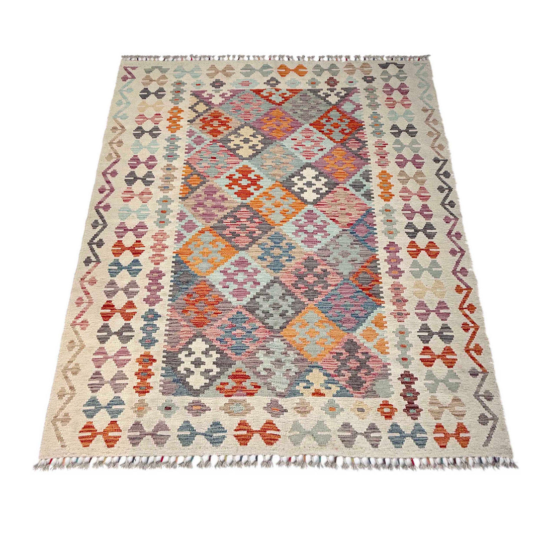 Afghan Vegetable Kilim Rug 5' 0" x 6' 7" Flat-Weave detail