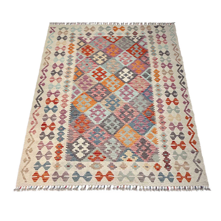Afghan Vegetable Kilim Rug 5' 0" x 6' 7" Flat-Weave detail
