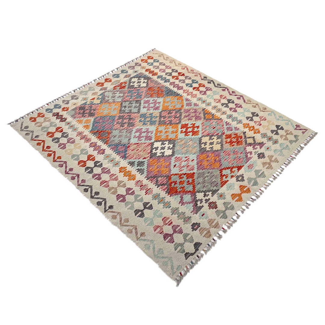 Afghan Vegetable Kilim Rug 5' 0" x 6' 7" Flat-Weave close-up