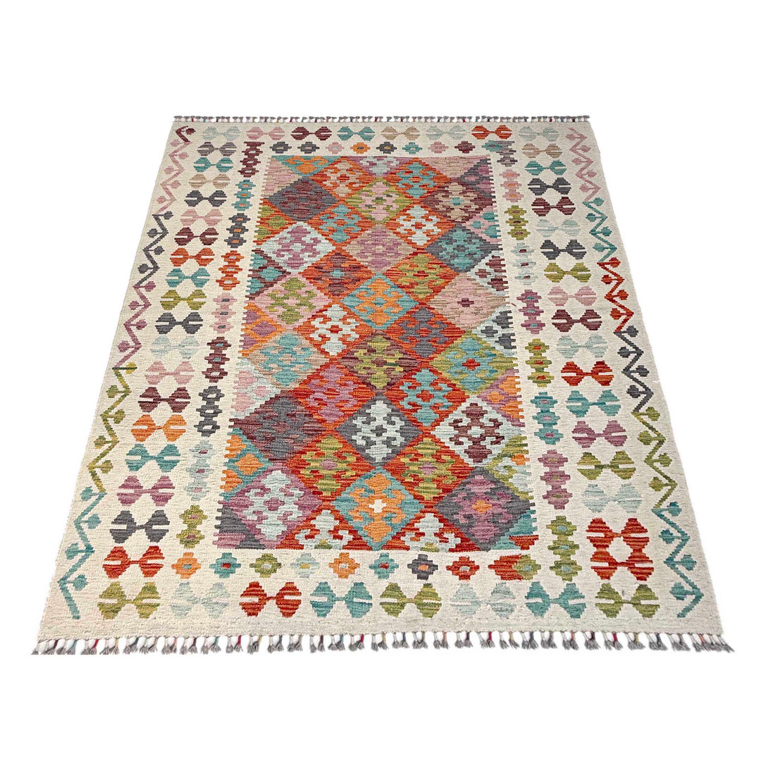 Afghan Vegetable Kilim Rug 5' 1" x 6' 7" Flat-Weave detail