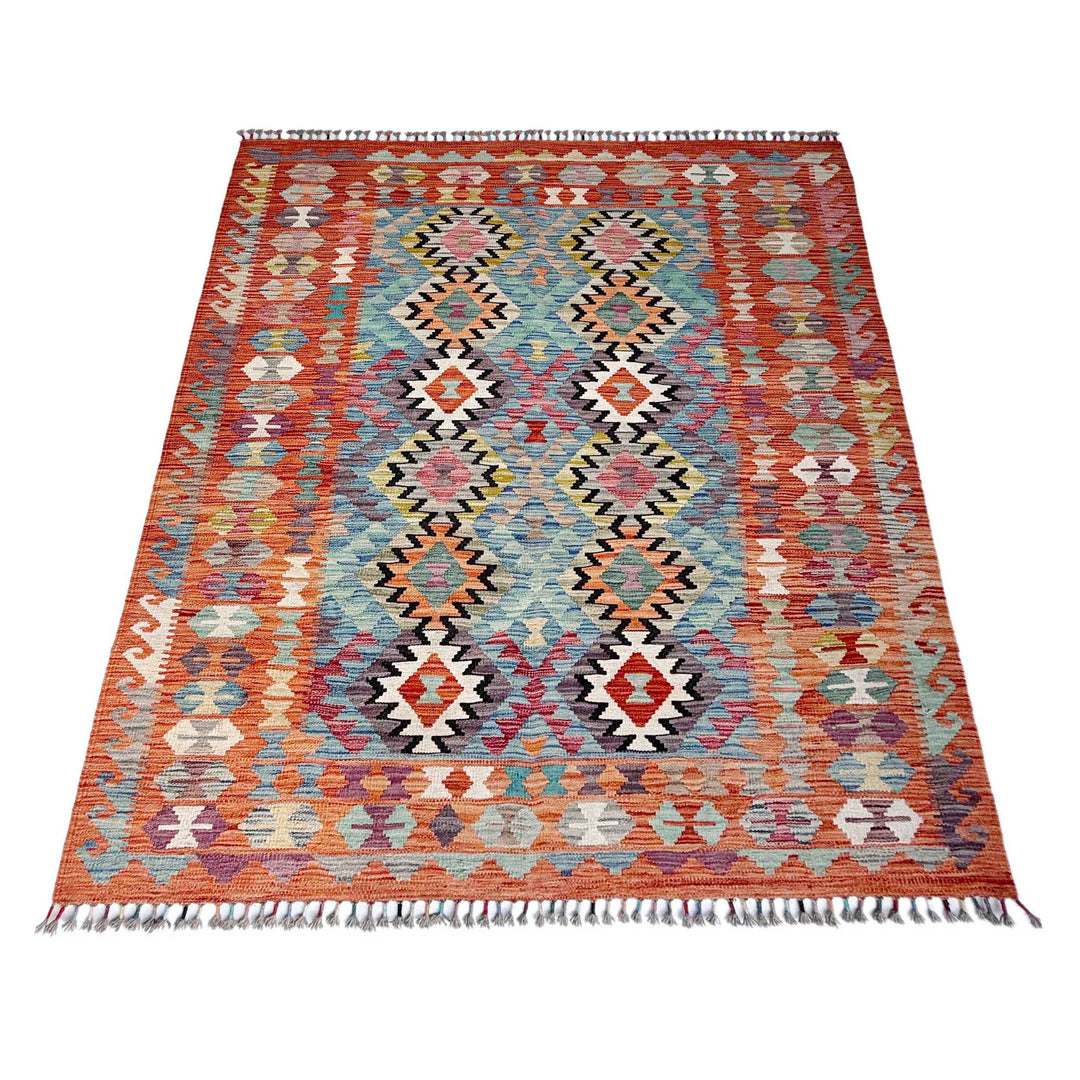 Afghan Vegetable Kilim Rug 5'1" x 6'5" Flat-Weave detail