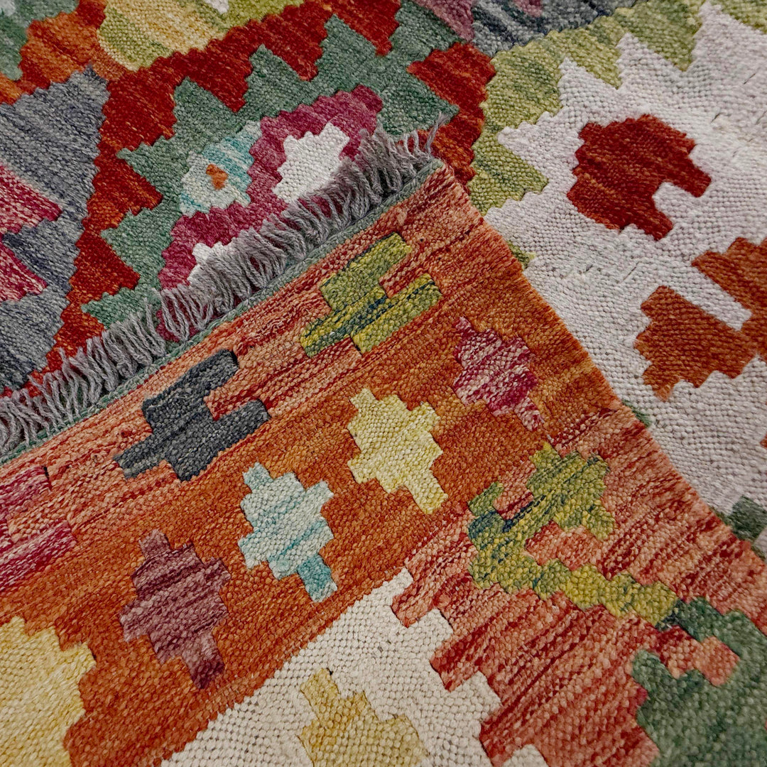 Afghan Vegetable Kilim Rug 6' 6" x 9' 8" Flat-Weave border