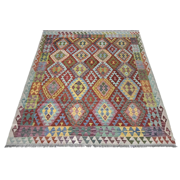Afghan Vegetable Kilim Rug 6' 8" x 9' 9" Flat-Weave detail