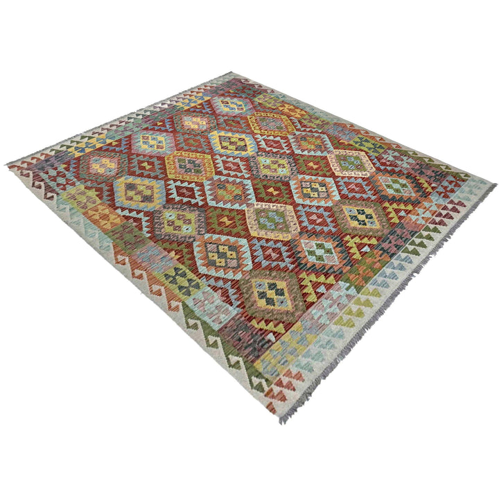 Afghan Vegetable Kilim Rug 6' 8" x 9' 9" Flat-Weave close-up