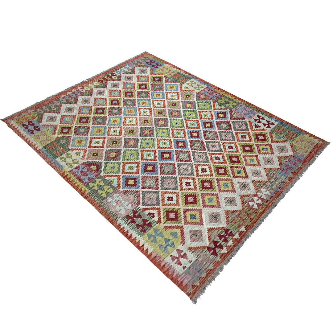 Afghan Vegetable Kilim Rug 6' 8" x 9' 7" Flat-Weave close-up