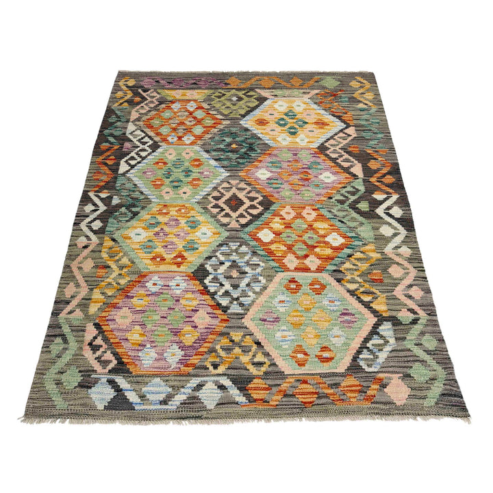 Afghan Vegetable Kilim Rug 4' 0" x 5' 10" Flat-Weave detail