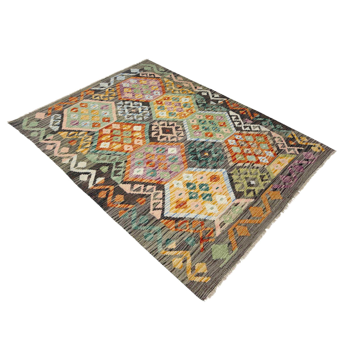Afghan Vegetable Kilim Rug 4' 0" x 5' 10" Flat-Weave close-up