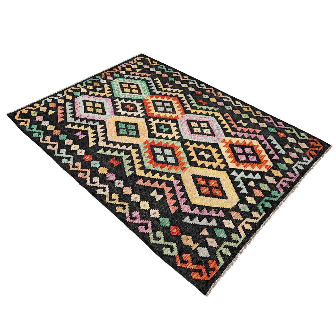 Afghan Vegetable Kilim Rug 4' 3" x 6' 7" Flat-Weave close-up