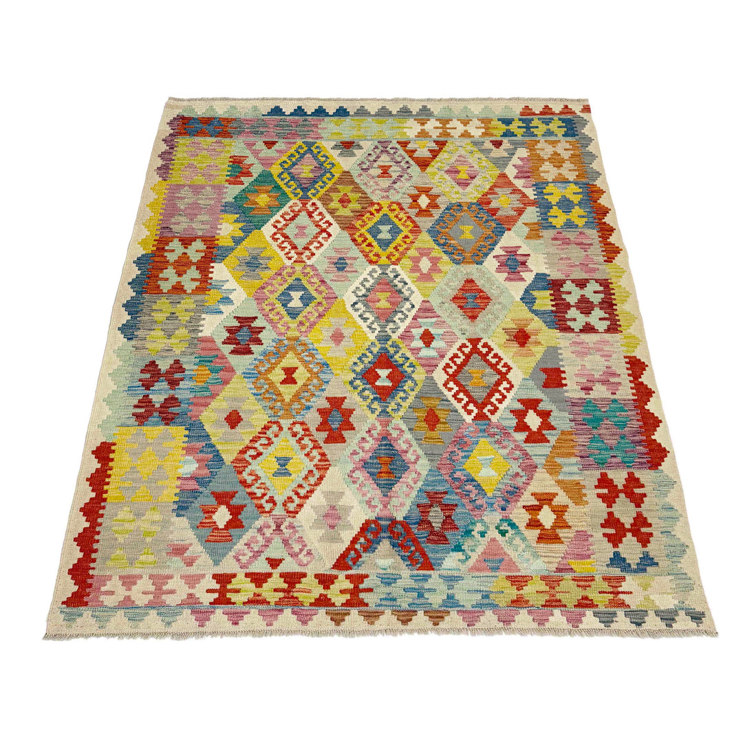 Afghan Vegetable Kilim Rug 5'1" x 6'6" Flat-Weave detail