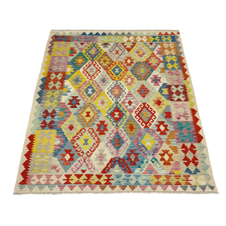 Afghan Vegetable Kilim Rug 5'1" x 6'6" Flat-Weave detail
