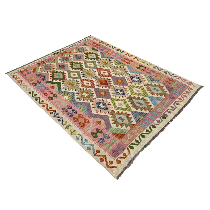 Afghan Vegetable Kilim Rug 5' 2" x 6' 9" Flat-Weave close-up