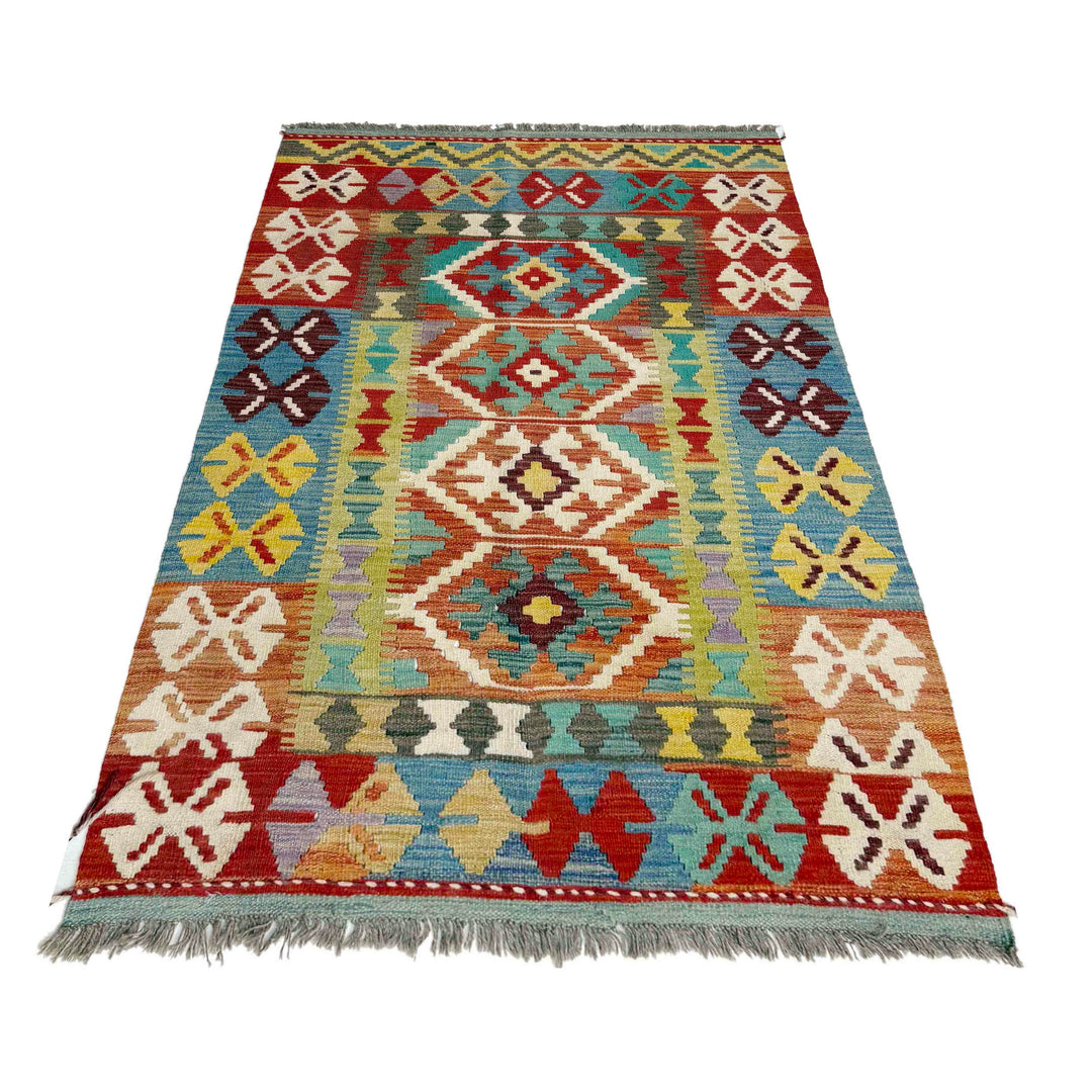 Multicolor Afghan Vegetable Kilim Rug 3' 3" x 5' 4" Flat-Weave detail