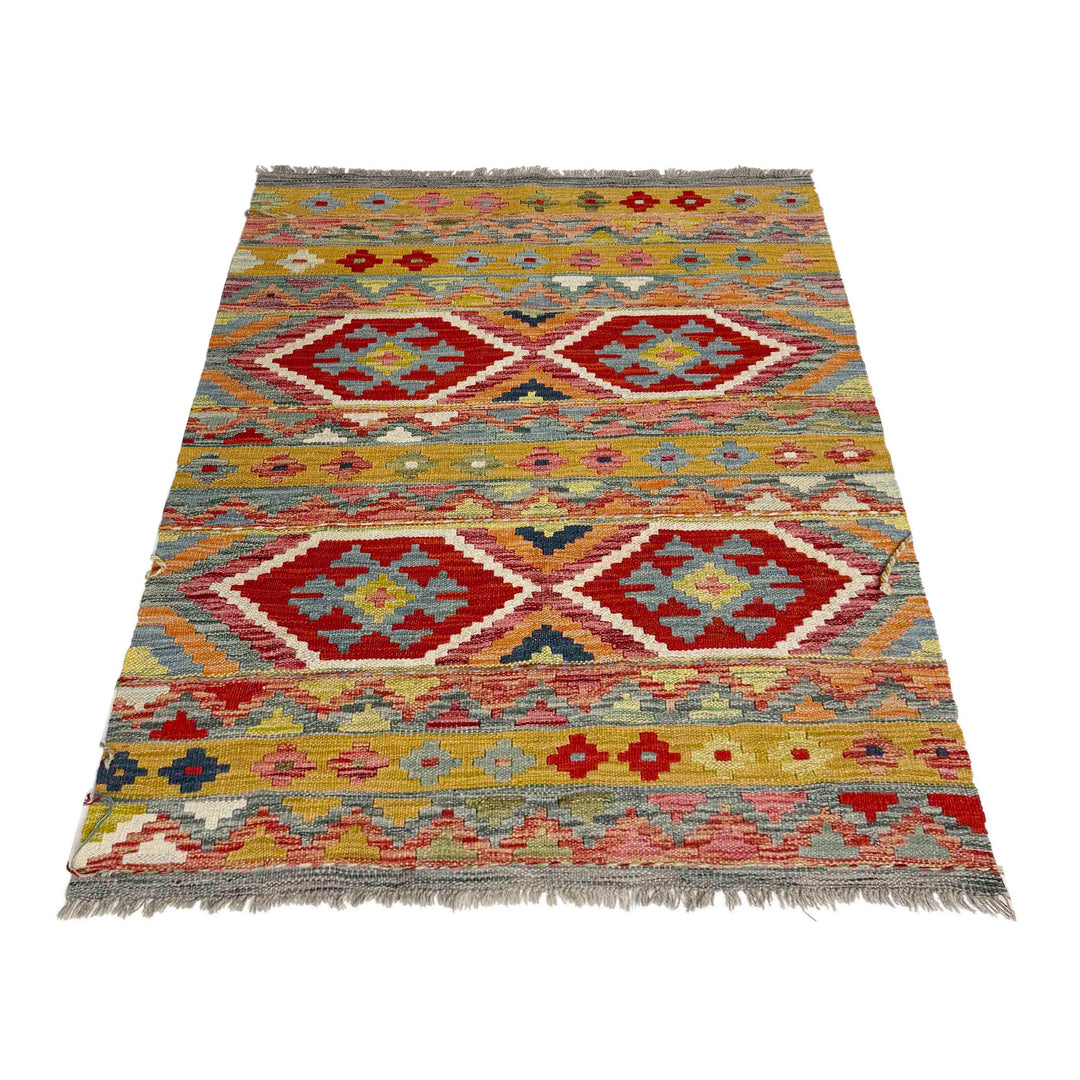 Multicolor Afghan Vegetable Kilim Rug 3' 4" x 4' 9" Flat-Weave detail