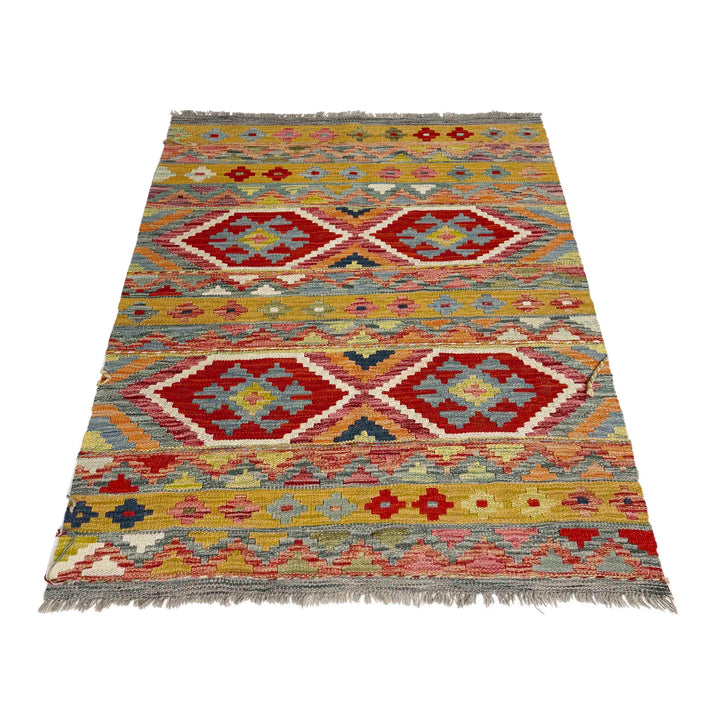Multicolor Afghan Vegetable Kilim Rug 3' 4" x 4' 9" Flat-Weave detail