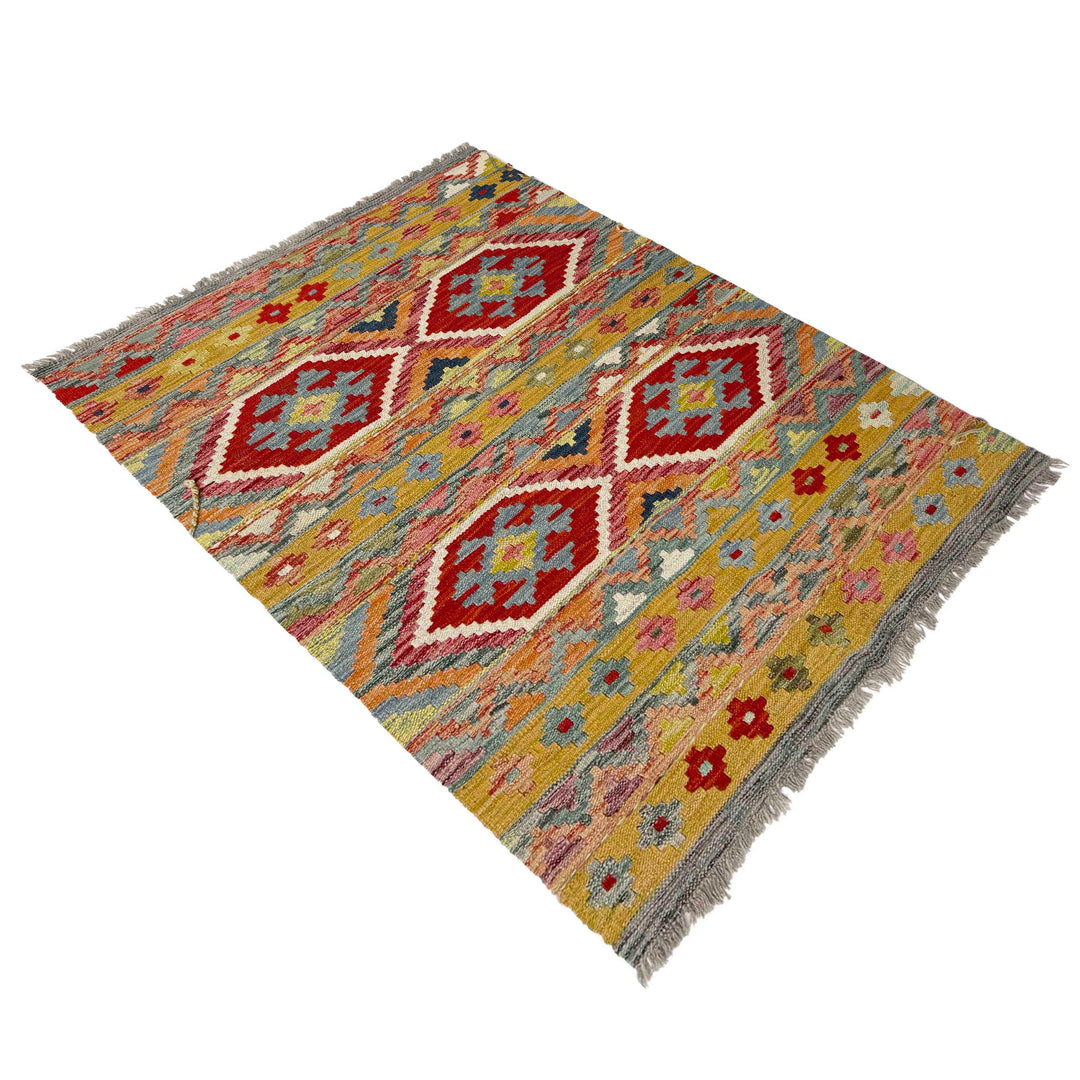 Multicolor Afghan Vegetable Kilim Rug 3' 4" x 4' 9" Flat-Weave close-up