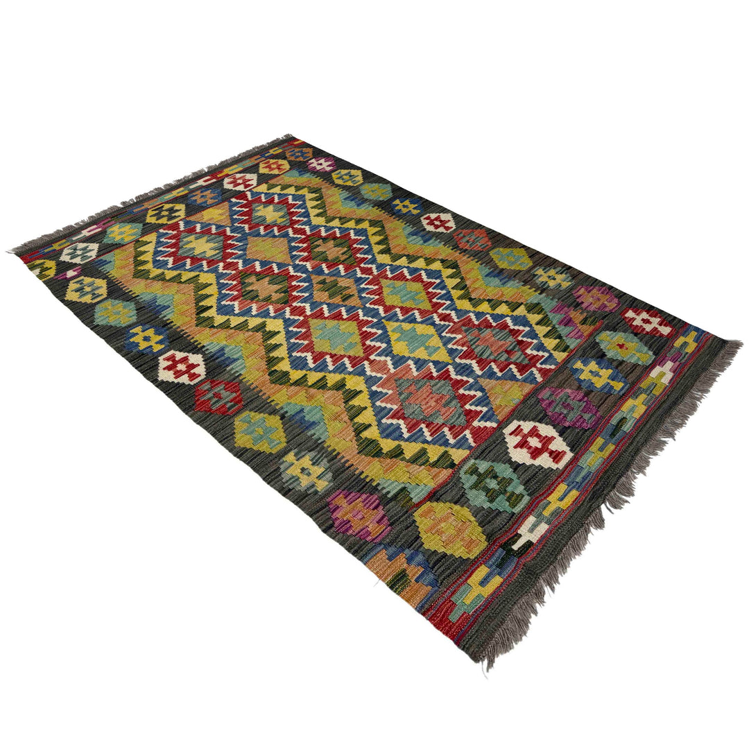 Afghan Vegetable Kilim Rug 3' 5" x 5' 3" Flat-Weave close-up