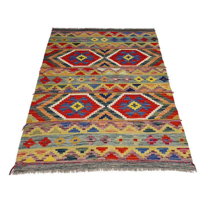 Multicolor Afghan Vegetable Kilim Rug 3' 2" x 4' 11" Flat-Weave detail