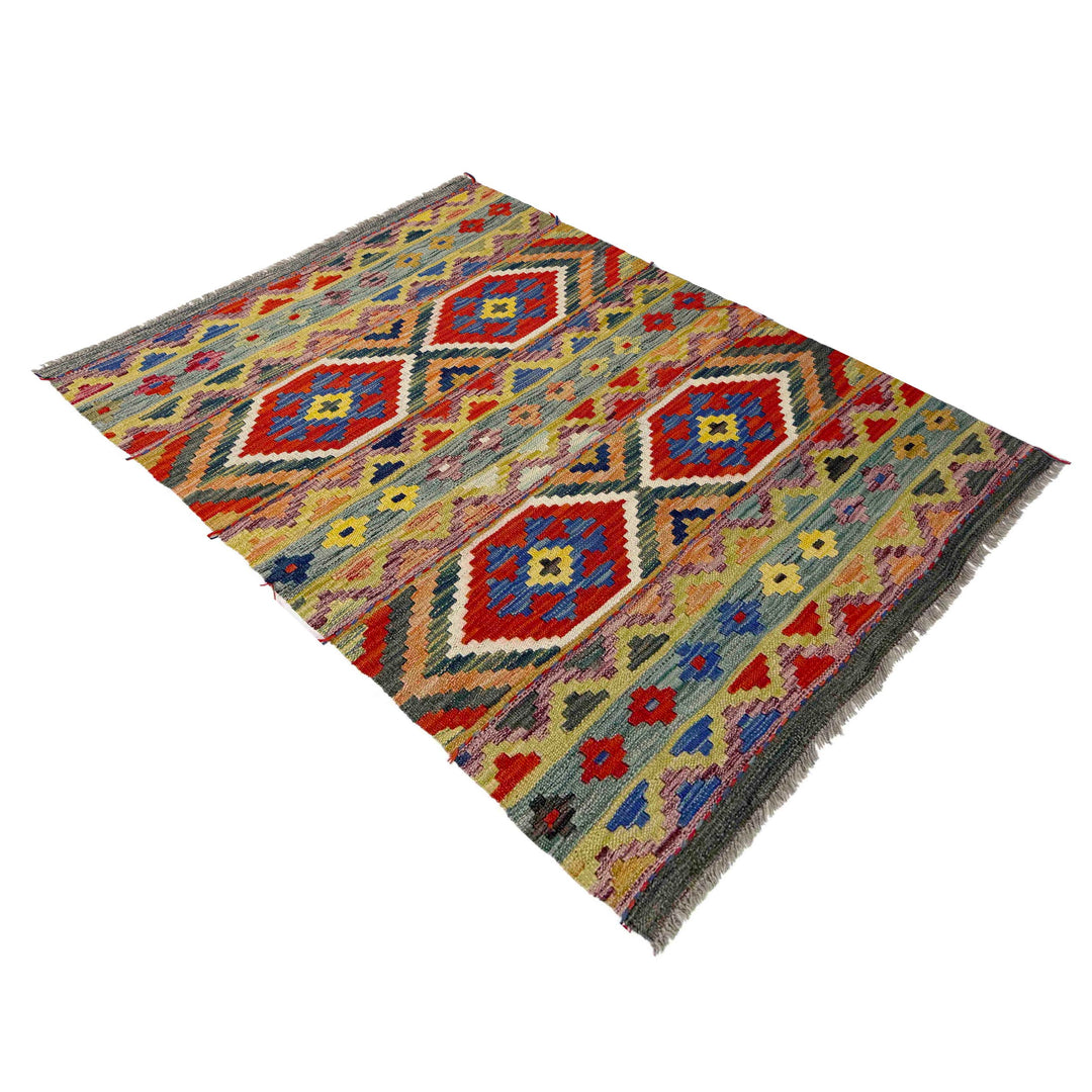 Multicolor Afghan Vegetable Kilim Rug 3' 2" x 4' 11" Flat-Weave close-up