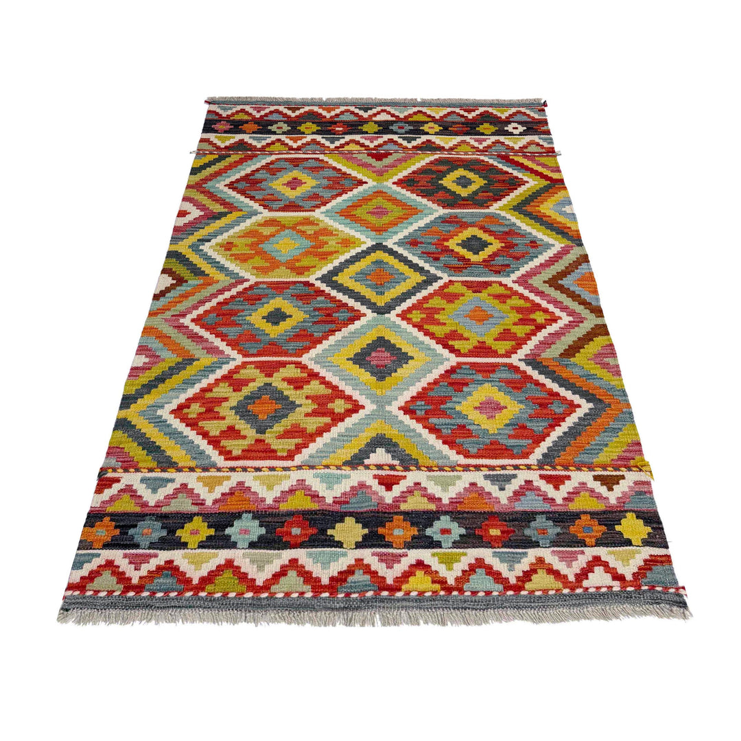 Afghan Vegetable Kilim Rug 3' 4" x 4' 11" Flat-Weave detail
