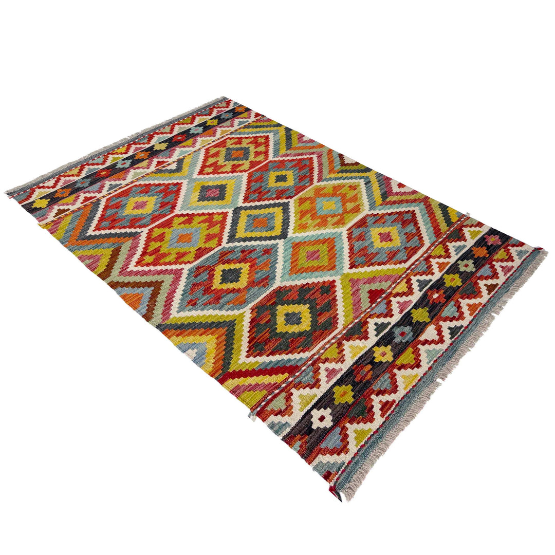 Afghan Vegetable Kilim Rug 3' 4" x 4' 11" Flat-Weave close-up