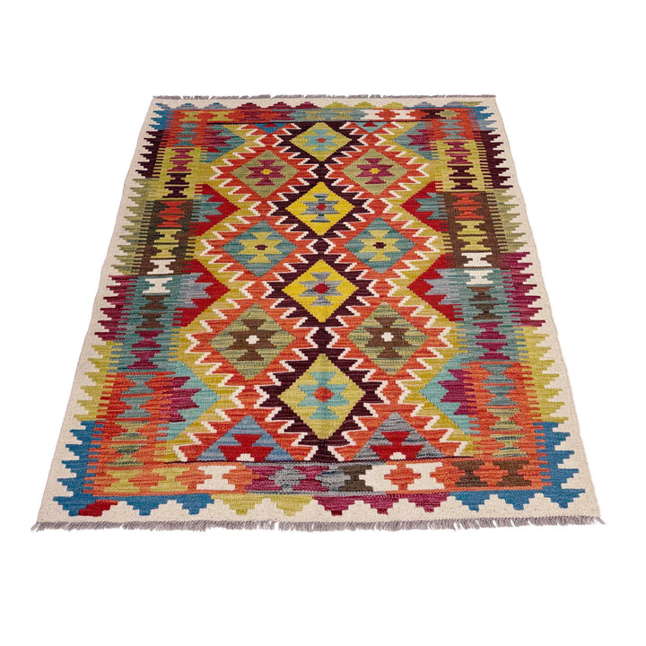 Afghan Vegetable Kilim Rug 3'7" x 4'11" Flat-Weave detail
