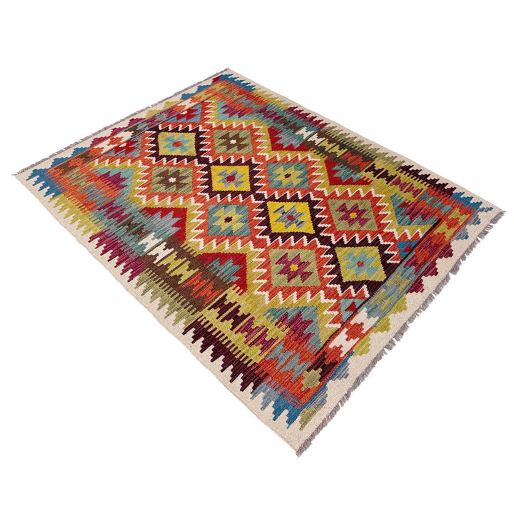 Afghan Vegetable Kilim Rug 3'7" x 4'11" Flat-Weave close-up