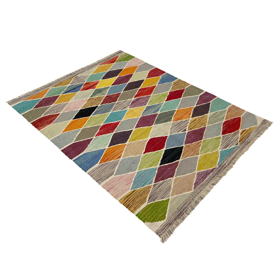 Afghan Vegetable Kilim Rug 3' 3" x 4' 11" Flat-Weave close-up