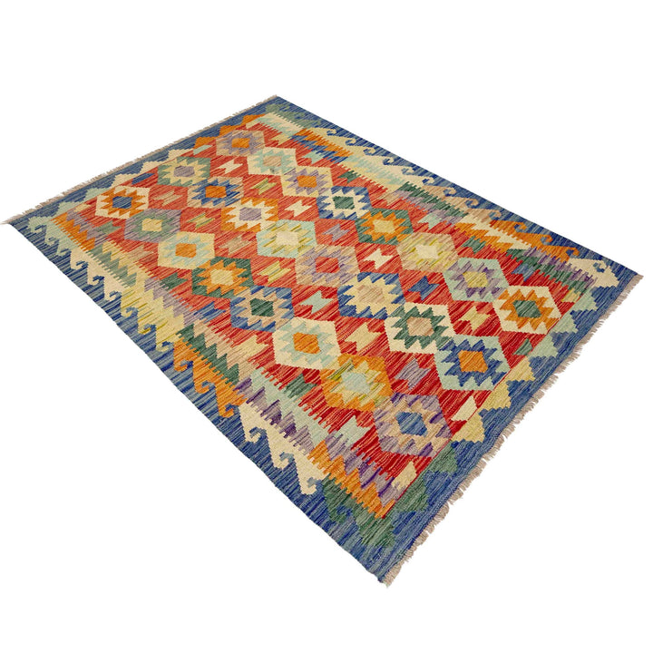 Afghan Vegetable Kilim Rug 4' 0" x 5' 10" Flat-Weave close-up