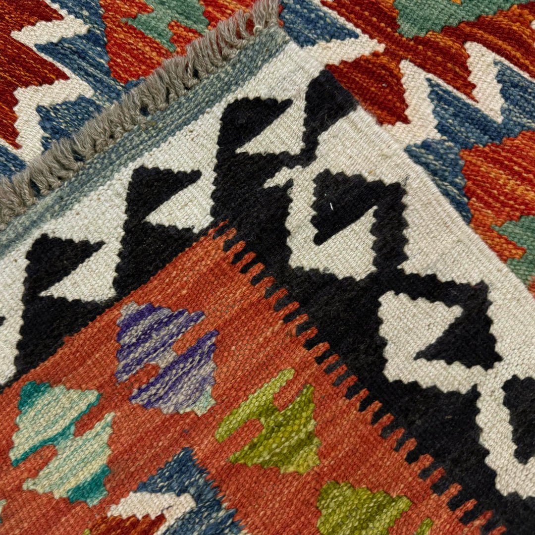 Multicolor Afghan Vegetable Kilim Rug 3' 3" x 4' 10" Flat-Weave border