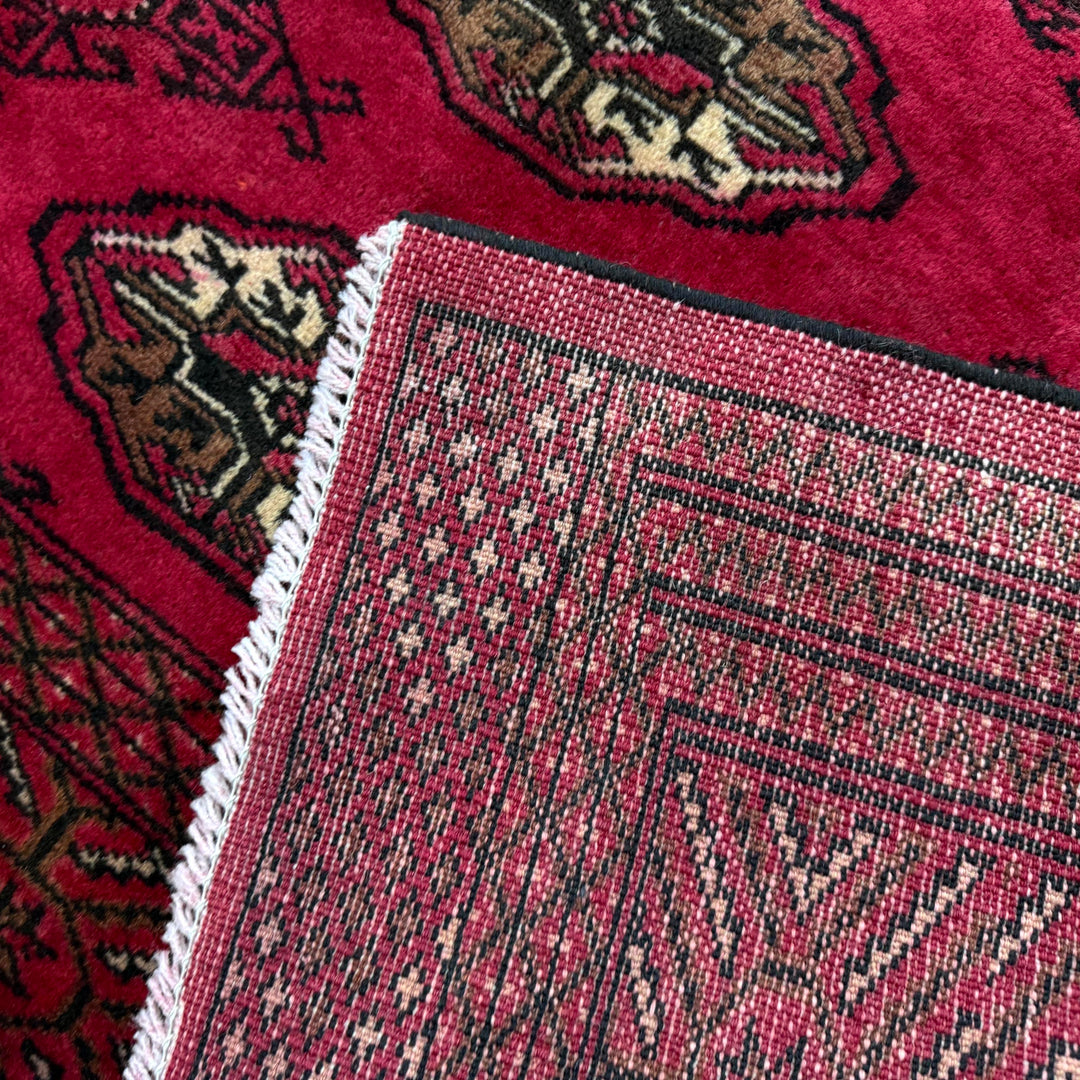 Deep Red Afghan Bokhara Rug 10' 0" x 11' 11" Hand-Knotted border