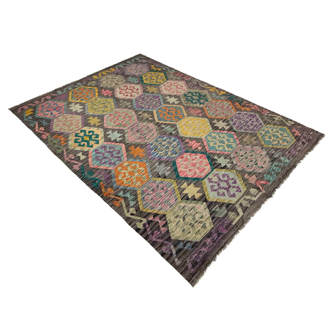 Afghan Vegetable Kilim Rug 5' 9" x 8' 1" Flat-Weave close-up