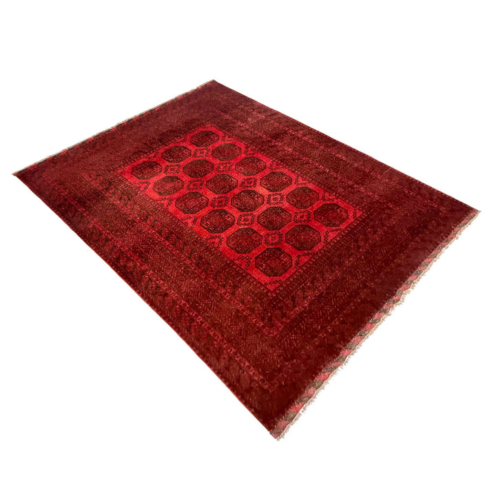Red Afghan Filpa Area Rug - Handmade Oriental Wool Carpet 6' 8" x 8' 10" - No. AL965006
