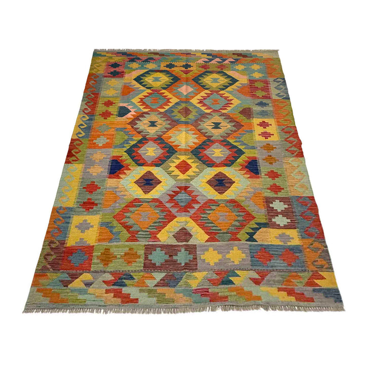 Afghan Vegetable Kilim Rug 5' 7" x 8' 2" Flat-Weave detail