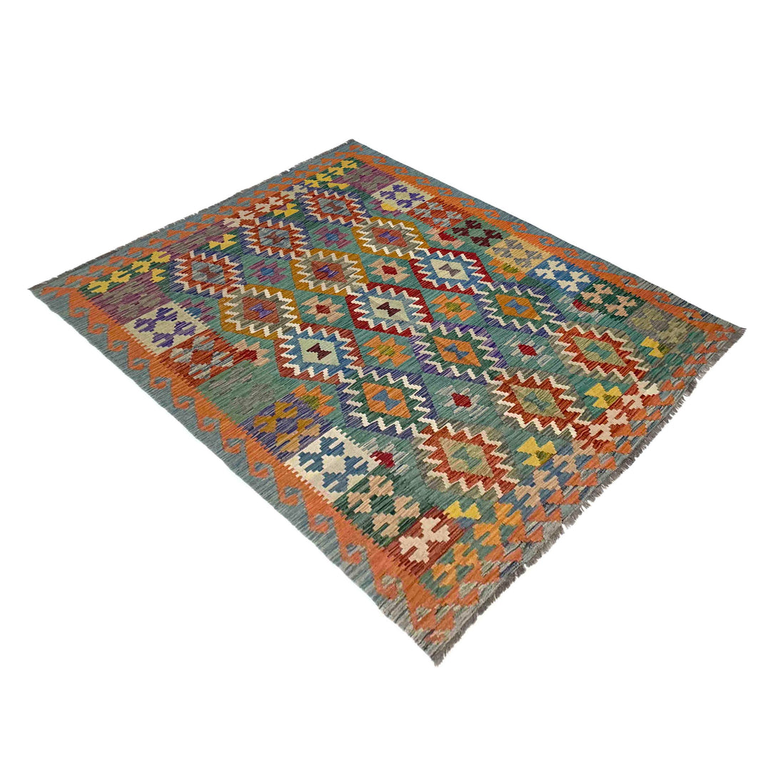 Afghan Vegetable Kilim Rug 5' 10" x 8' 2" Flat-Weave close-up