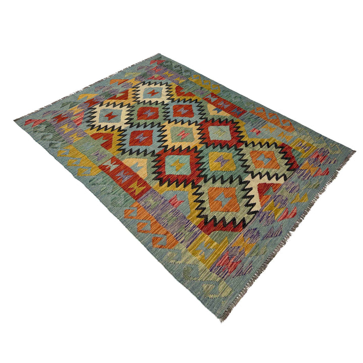 Afghan Vegetable Kilim Rug 4' 4" x 6' 8" Flat-Weave close-up