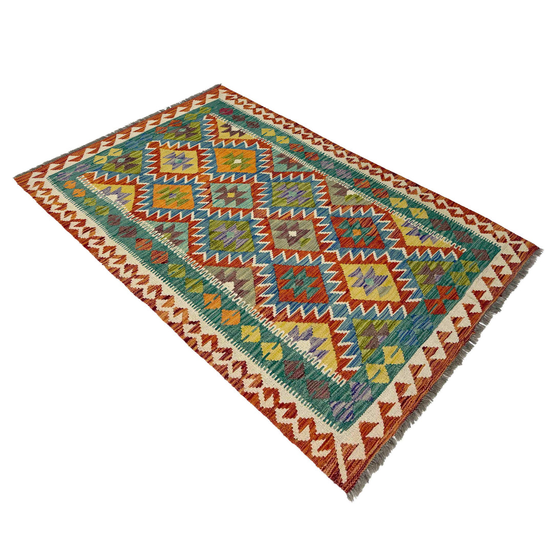 Afghan Vegetable Kilim Rug 4' 1" x 6' 5" Flat-Weave close-up