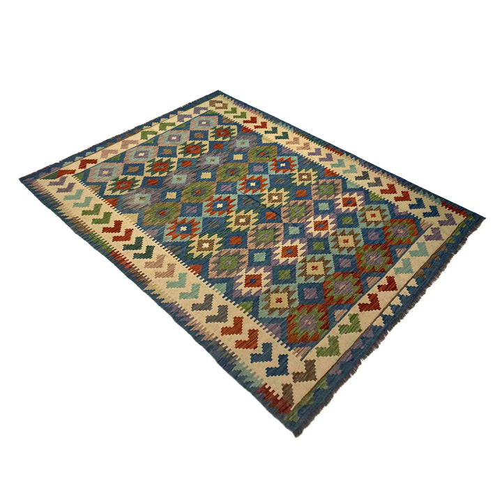 Afghan Vegetable Kilim Rug 5' 7" x 8' 1" Flat-Weave close-up