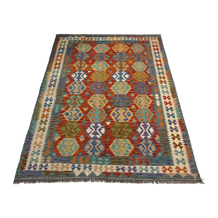 Afghan Vegetable Kilim Rug 5' 9" x 8' 2" Flat-Weave detail