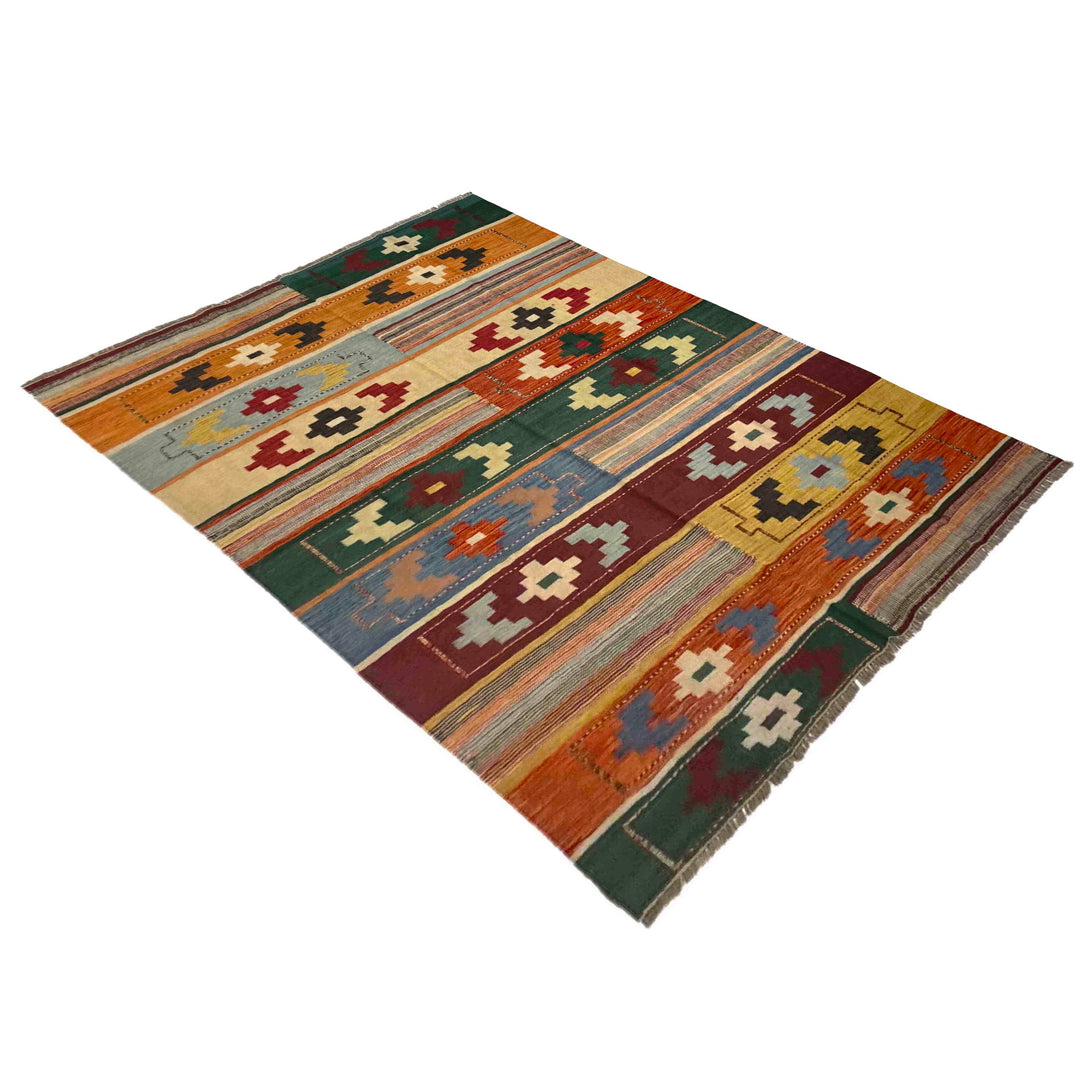 Afghan Vegetable Kilim Rug 5' 9" x 8' 0" Flat-Weave close-up