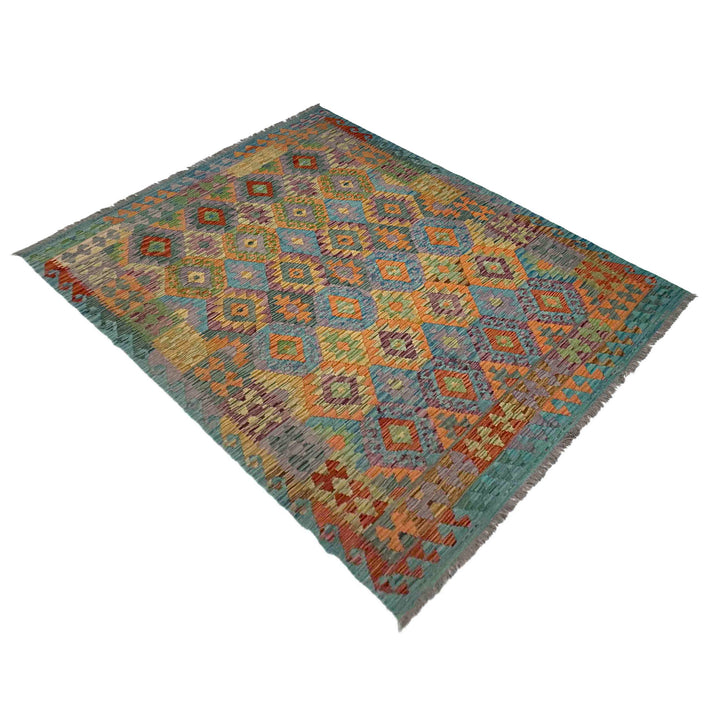Afghan Vegetable Kilim Rug 5' 10" x 8' 1" Flat-Weave close-up