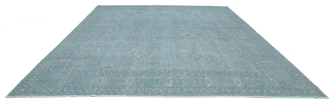 Green Afghan Oriental Rug 12'0" x 14'9" Hand-Knotted close-up