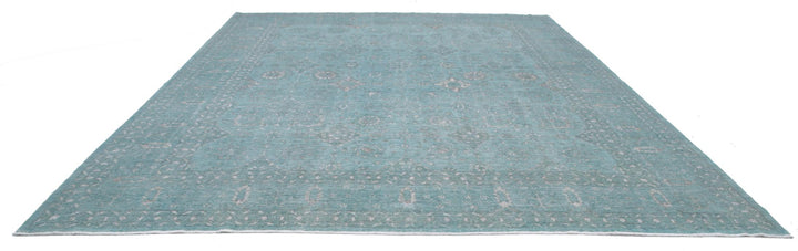 Green Afghan Oriental Rug 12'0" x 14'9" Hand-Knotted close-up