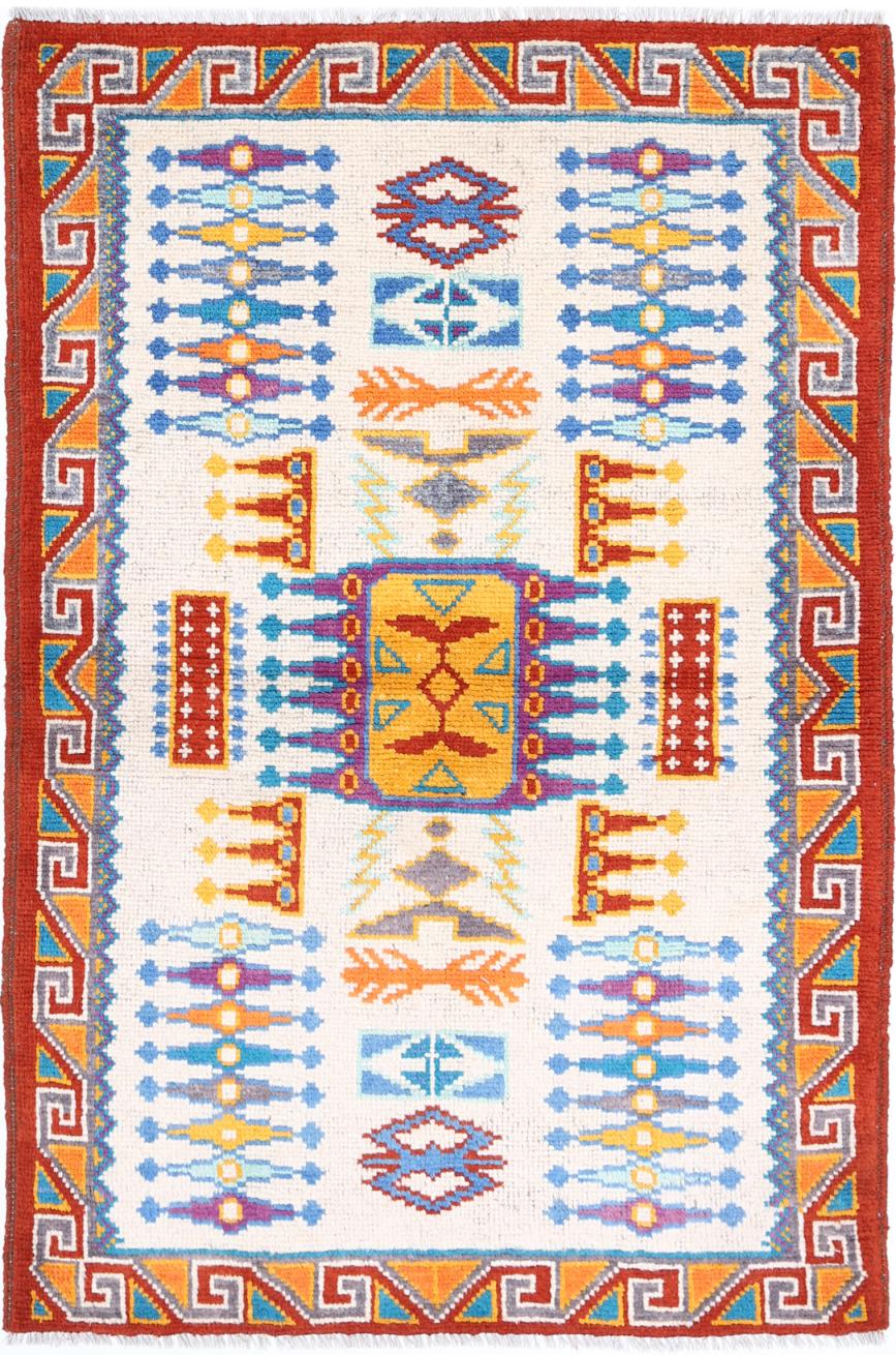 Ivory Afghan Tribal Rug 3'2" x 4'10" Hand-Knotted