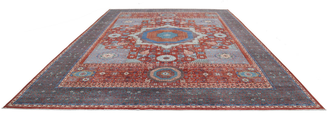 Red Afghan Mamluk Rug 11'9" x 16'6" Hand-Knotted close-up