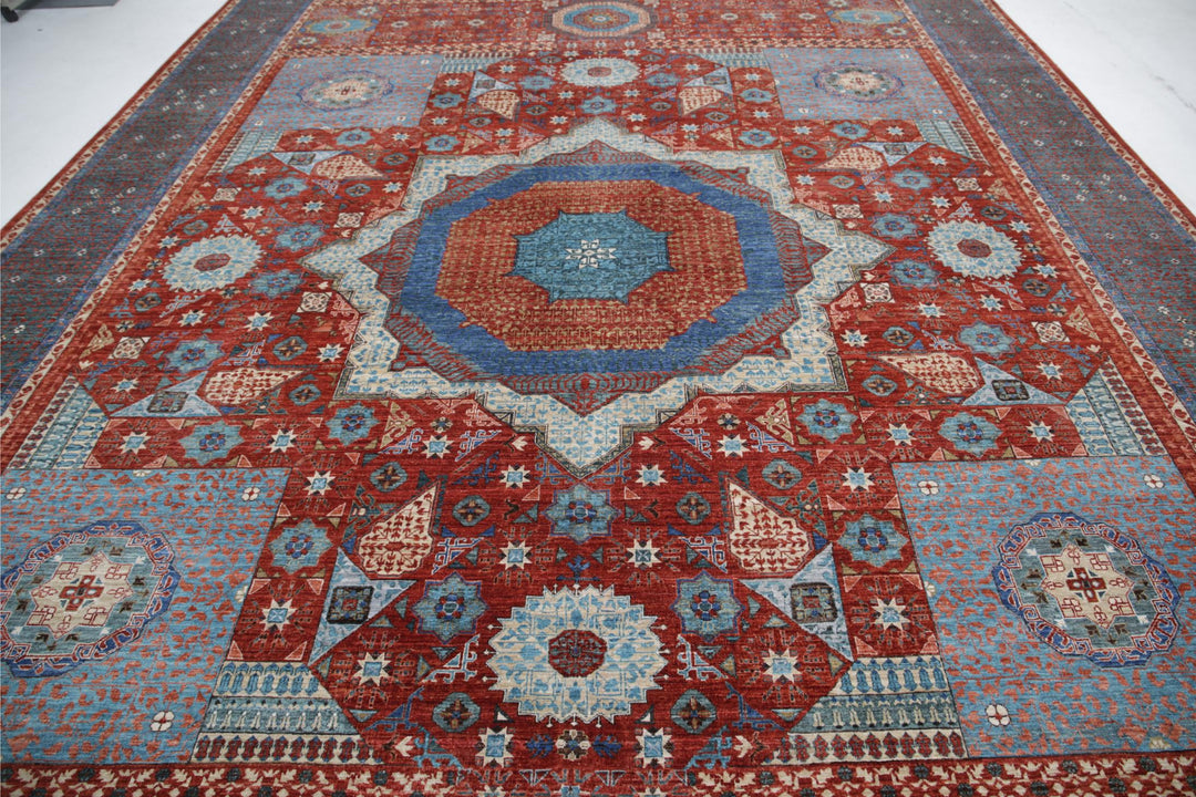 Red Afghan Mamluk Rug 11'9" x 16'6" Hand-Knotted pattern